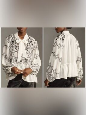 NWOT By Anthropologie Long-Sleeve Tie-Neck Embroidered Blouse - white black - XS